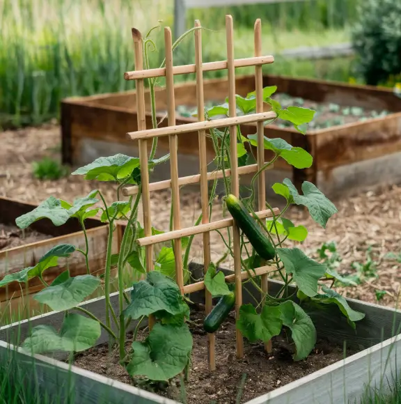Photograph of a backyard vegetable garden featuring a handmade wooden cucumber trellis with vigorous cucumber vines climbing upward.
