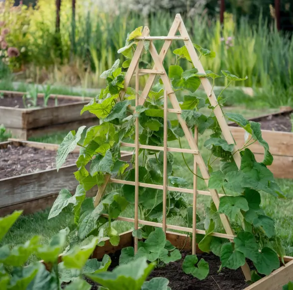  DIY cucumber trellis in a sunny backyard garden.