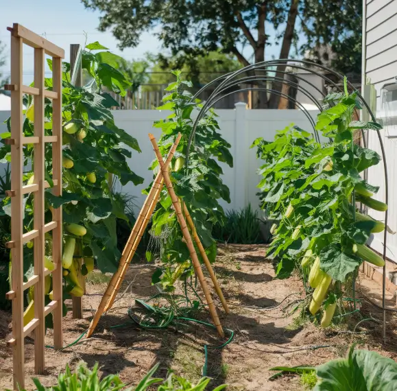 Different types of DIY cucumber trellis designs in a small garden.