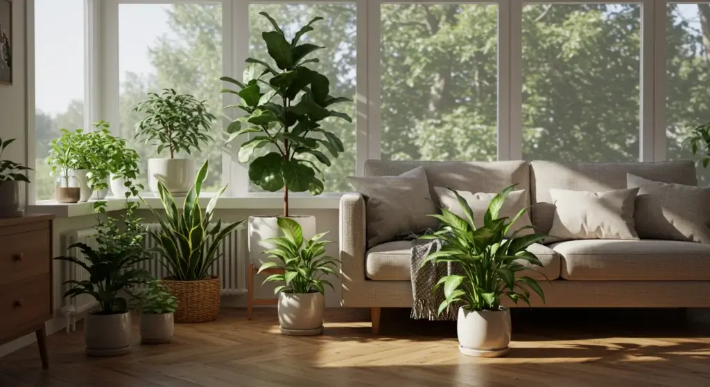 A cozy living room decorated with vibrant indoor plants like Fiddle Leaf Fig and Snake Plant.