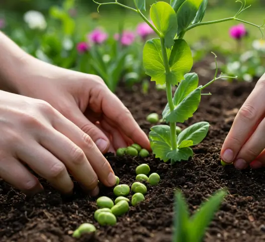 Hands planting pea seeds in a spring garden and how to plant peas