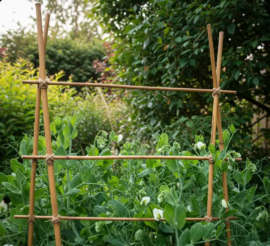 A homemade bamboo trellis supporting healthy pea vines. and how to plant peas 