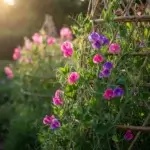 Sweet peas growing on a DIY bamboo trellis in a backyard garden