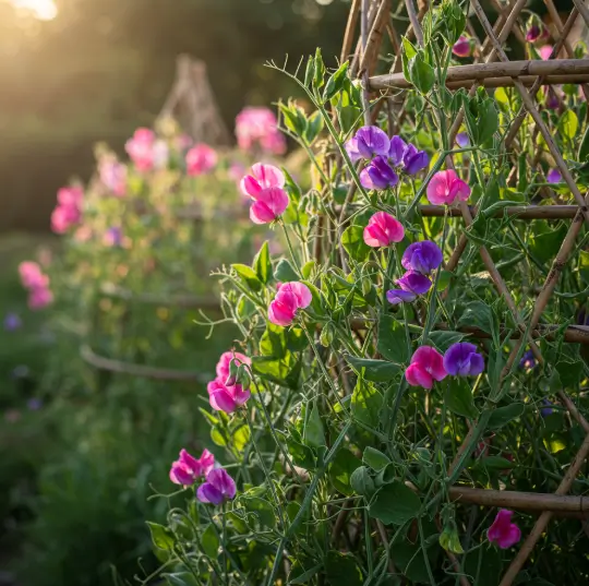 Sweet peas growing on a DIY bamboo trellis in a backyard garden