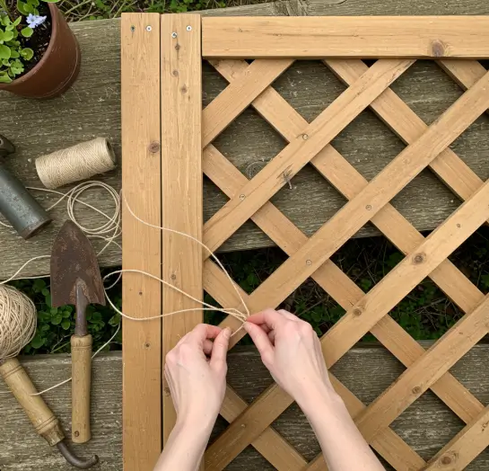 Hands building a wooden trellis with twine for sweet peas