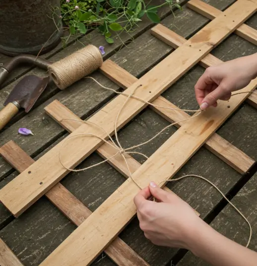  the step-by-step construction of a wooden sweet pea trellis using natural twine, ideal for vertical gardening.