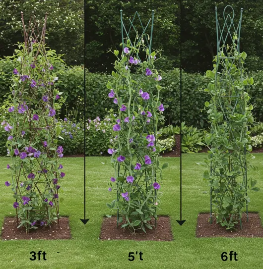Three sweet pea trellises of varying heights in a garden