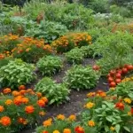 Healthy vegetable garden with companion plants for natural pest control