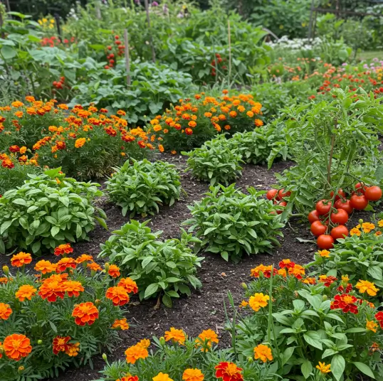 Healthy vegetable garden with companion plants for natural pest control