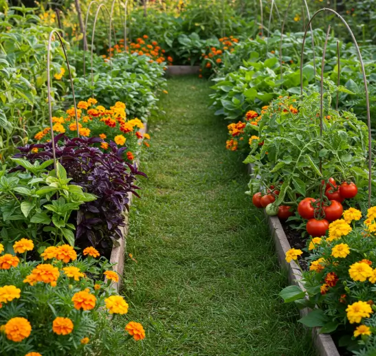 A lush garden showcasing effective pests plant care using natural methods like companion planting to protect crops without chemicals.
