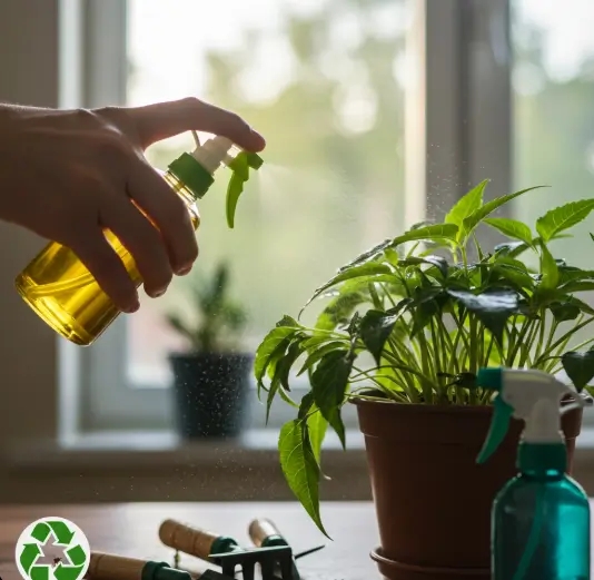 Applying neem oil on houseplant leaves to control pests