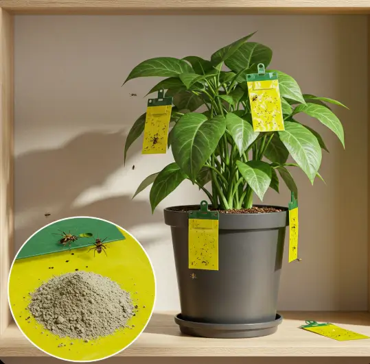 Demonstrates physical Pests prevention methods like sticky traps and soil treatments in home settings for effective pests plant care.