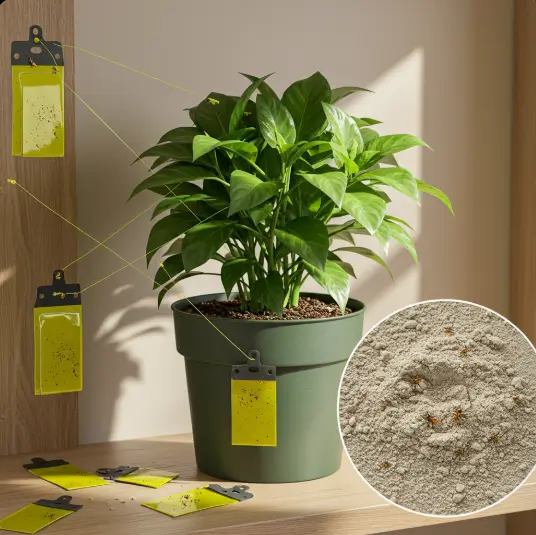 Potted plant with sticky traps and diatomaceous earth for pest prevention